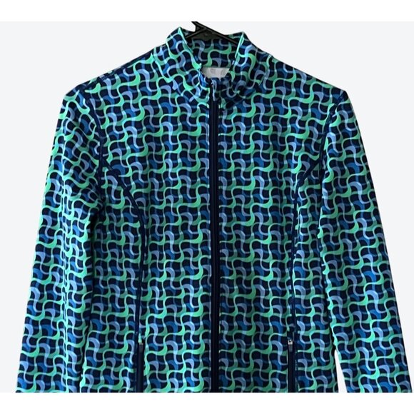 J. Mclaughlin Women's Small Long Sleeve Full Zip Blue Green Geometric Golf Top - Picture 3 of 6
